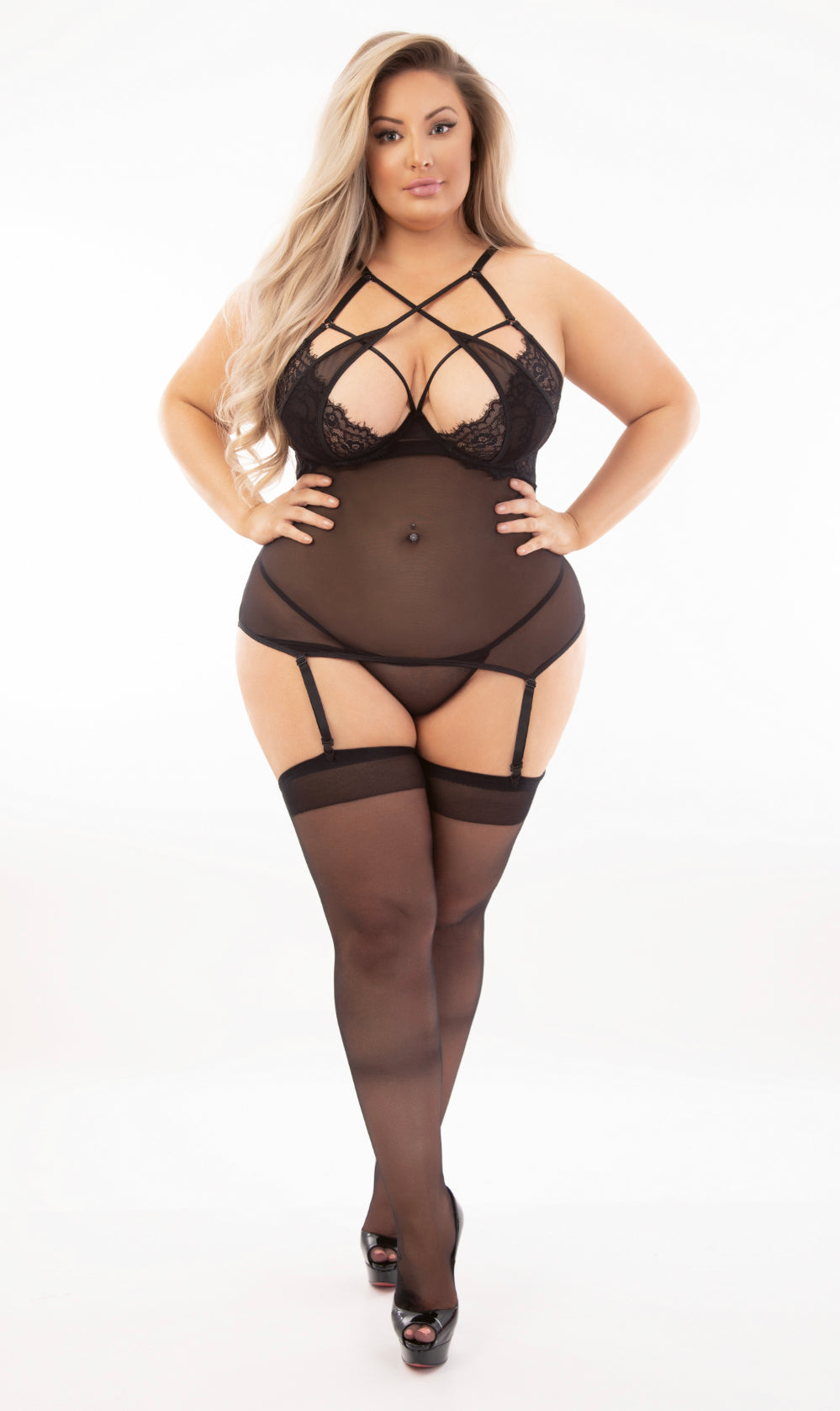 Black Strappy Chest Stocking Bustier Set