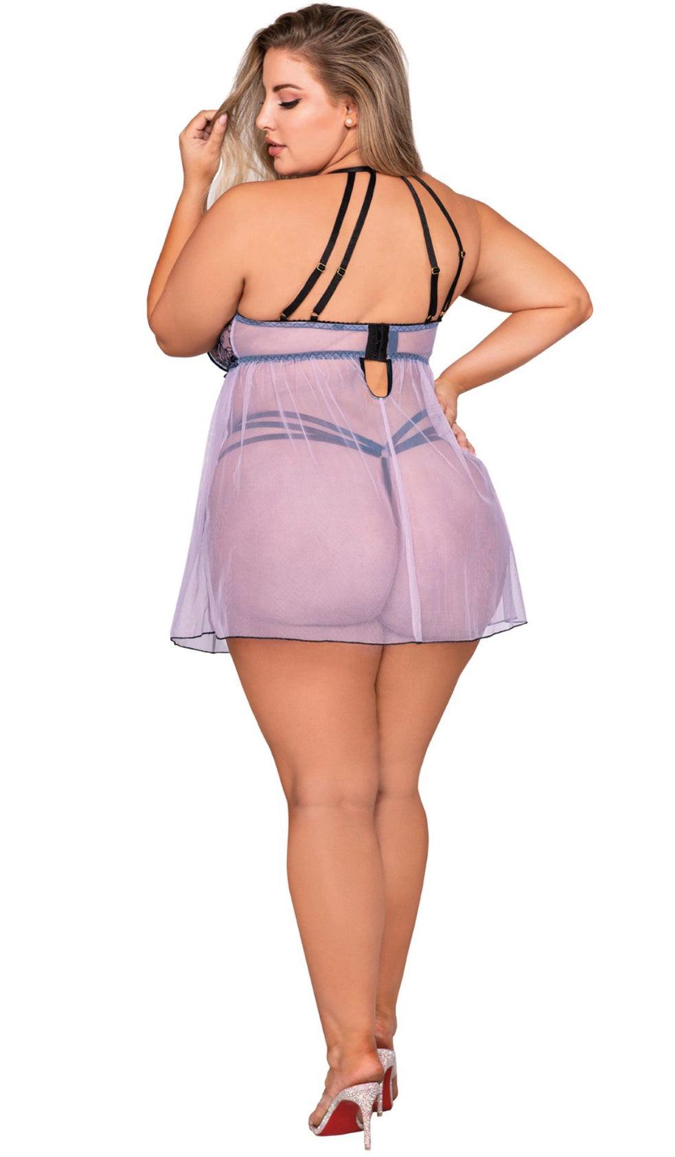 Stretch Mesh Embroidered Babydoll & G-String Set