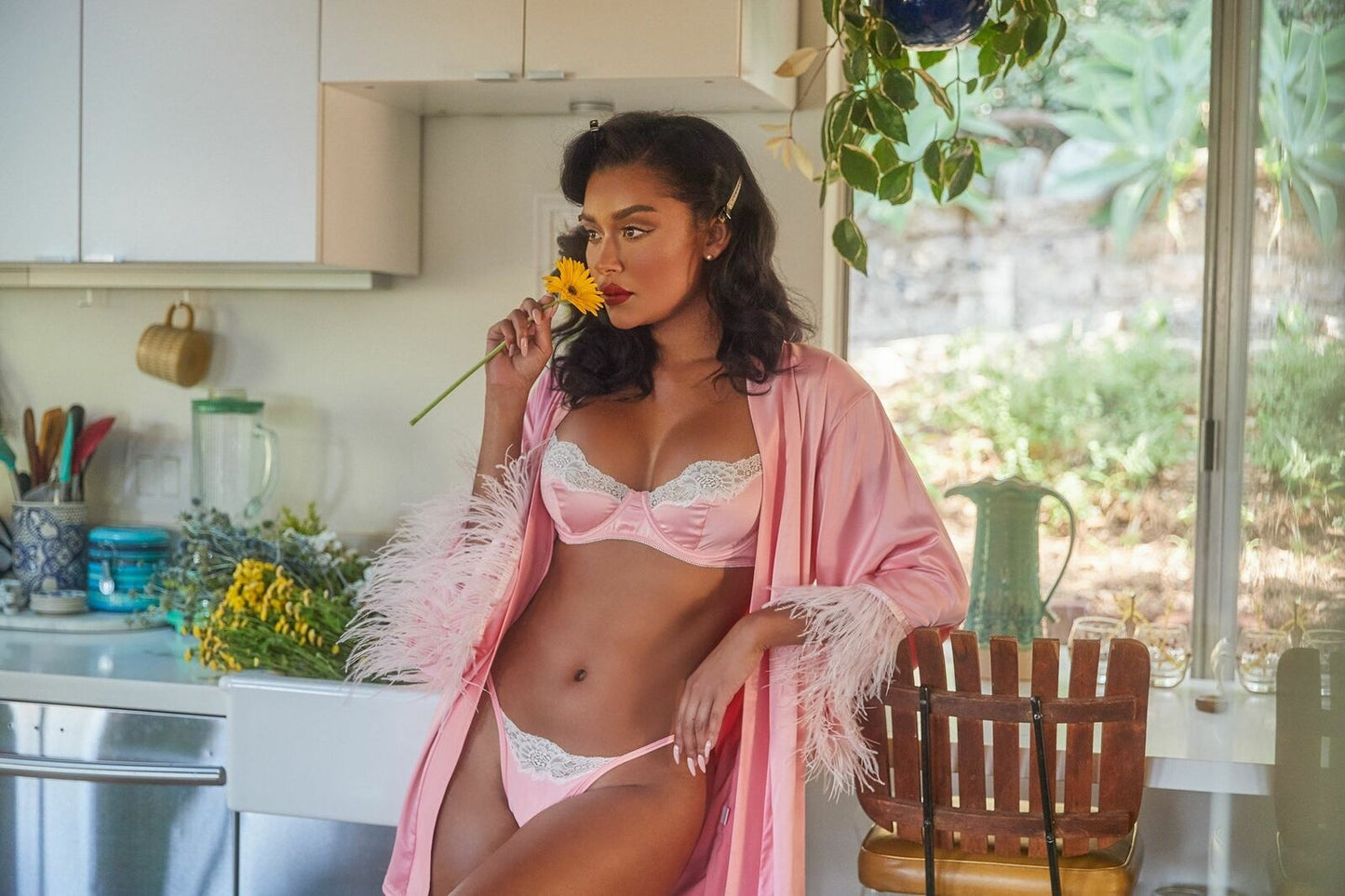 Soft Satin Robe with Ostrich Feathered Trim - Pink