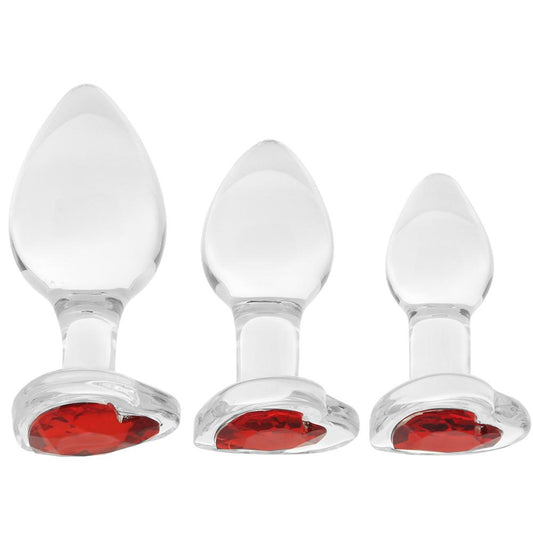 Booty Sparks Red Heart Gem Glass Anal Plug Set