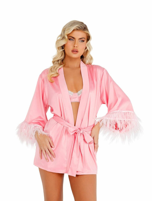 Soft Satin Robe with Ostrich Feathered Trim - Pink