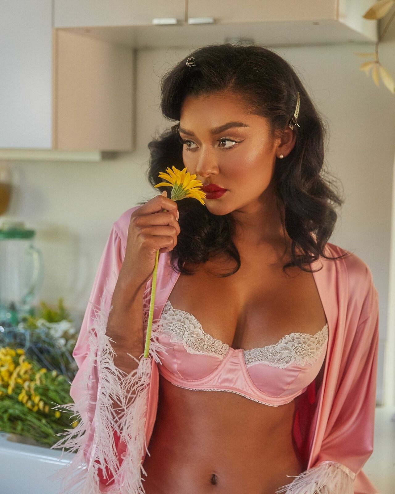 Soft Satin Robe with Ostrich Feathered Trim - Pink